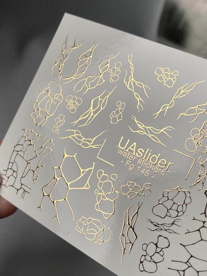 Nail Water Decal Fg-145 | Water Slide Nail Decals with Gold Cracked and Abstract Net Patterns | Modern Nail Art