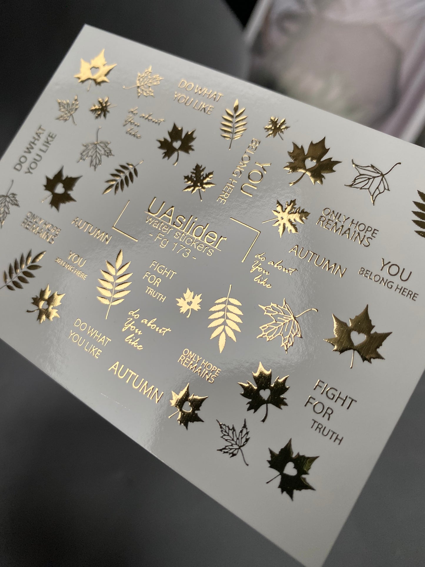 Nail Water Decal Fg-173 | Gold Foil Water Slide Nail Decals | Autumn Leaves & Inspirational Quotes