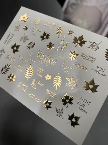 Nail Water Decal Fg-173 | Gold Foil Water Slide Nail Decals | Autumn Leaves & Inspirational Quotes