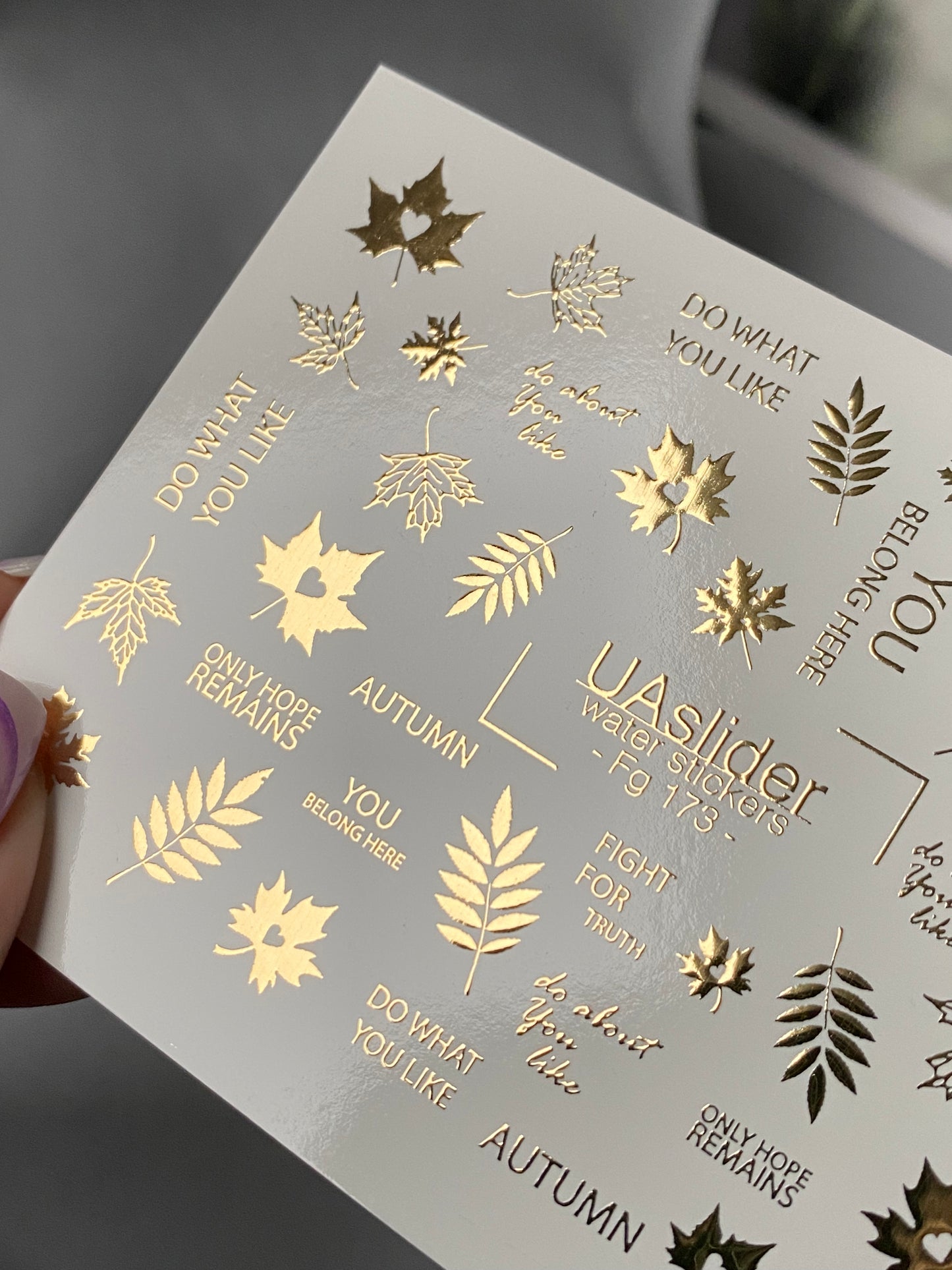 Nail Water Decal Fg-173 | Gold Foil Water Slide Nail Decals | Autumn Leaves & Inspirational Quotes