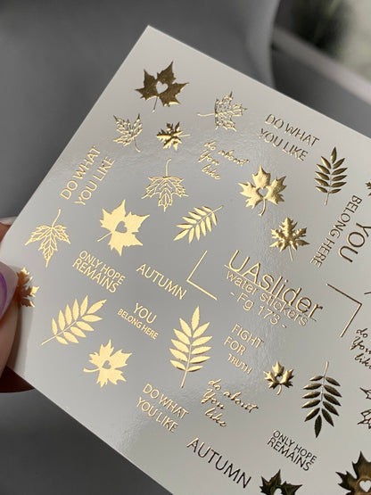 Nail Water Decal Fg-173 | Gold Foil Water Slide Nail Decals | Autumn Leaves & Inspirational Quotes