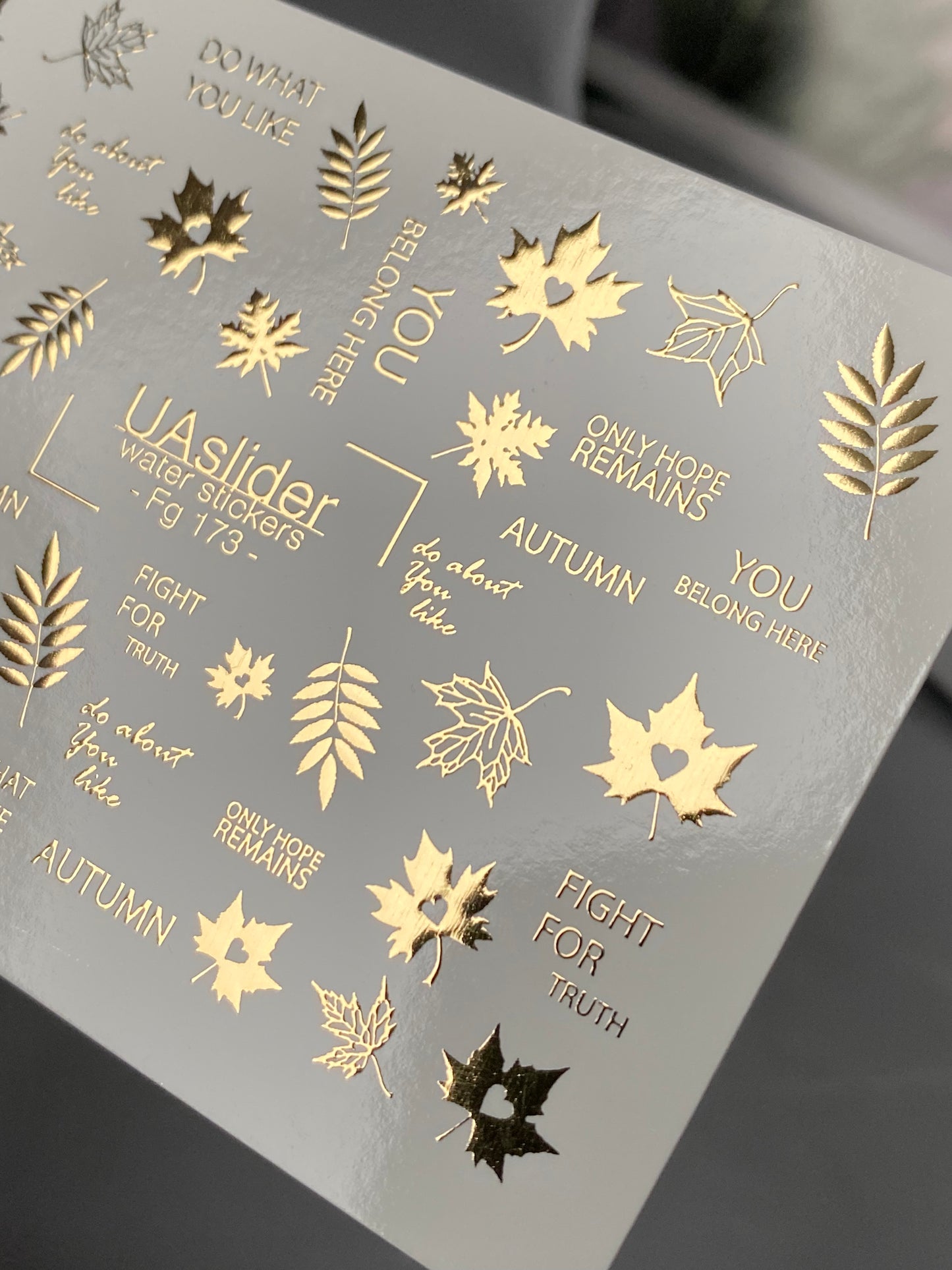 Nail Water Decal Fg-173 | Gold Foil Water Slide Nail Decals | Autumn Leaves & Inspirational Quotes