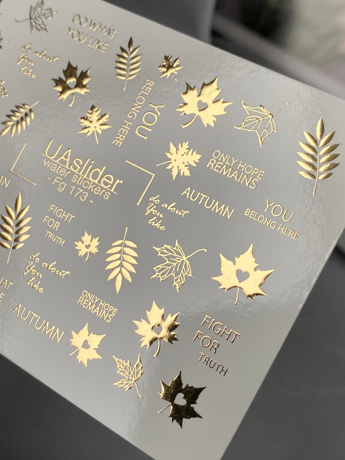 Nail Water Decal Fg-173 | Gold Foil Water Slide Nail Decals | Autumn Leaves & Inspirational Quotes - UASLIDER