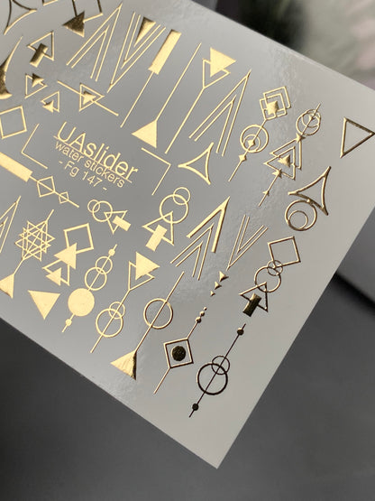 Nail Water Decal Fg-147 | Water Slide Nail Decals with Gold Geometric Shapes | Minimalist Abstract Nail Art