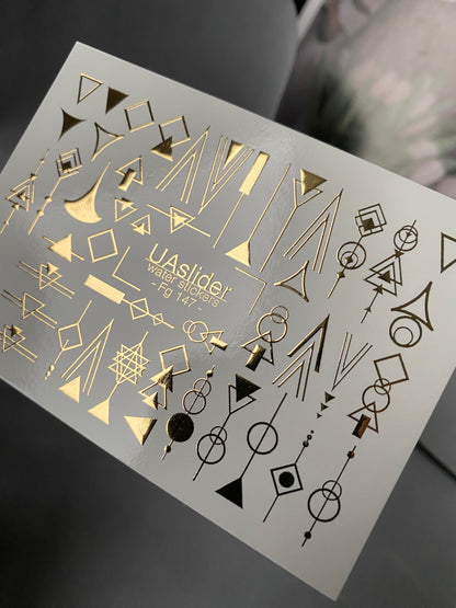 Nail Water Decal Fg-147 | Water Slide Nail Decals with Gold Geometric Shapes | Minimalist Abstract Nail Art