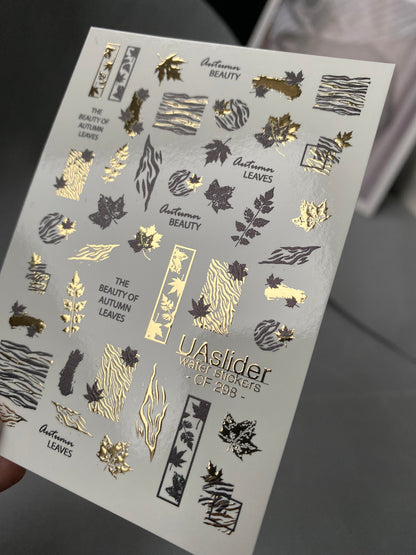 Nail Water Decal CF-298 | Autumn Water Slide Nail Decals | Leaves, Zebra Print & Gold Accents