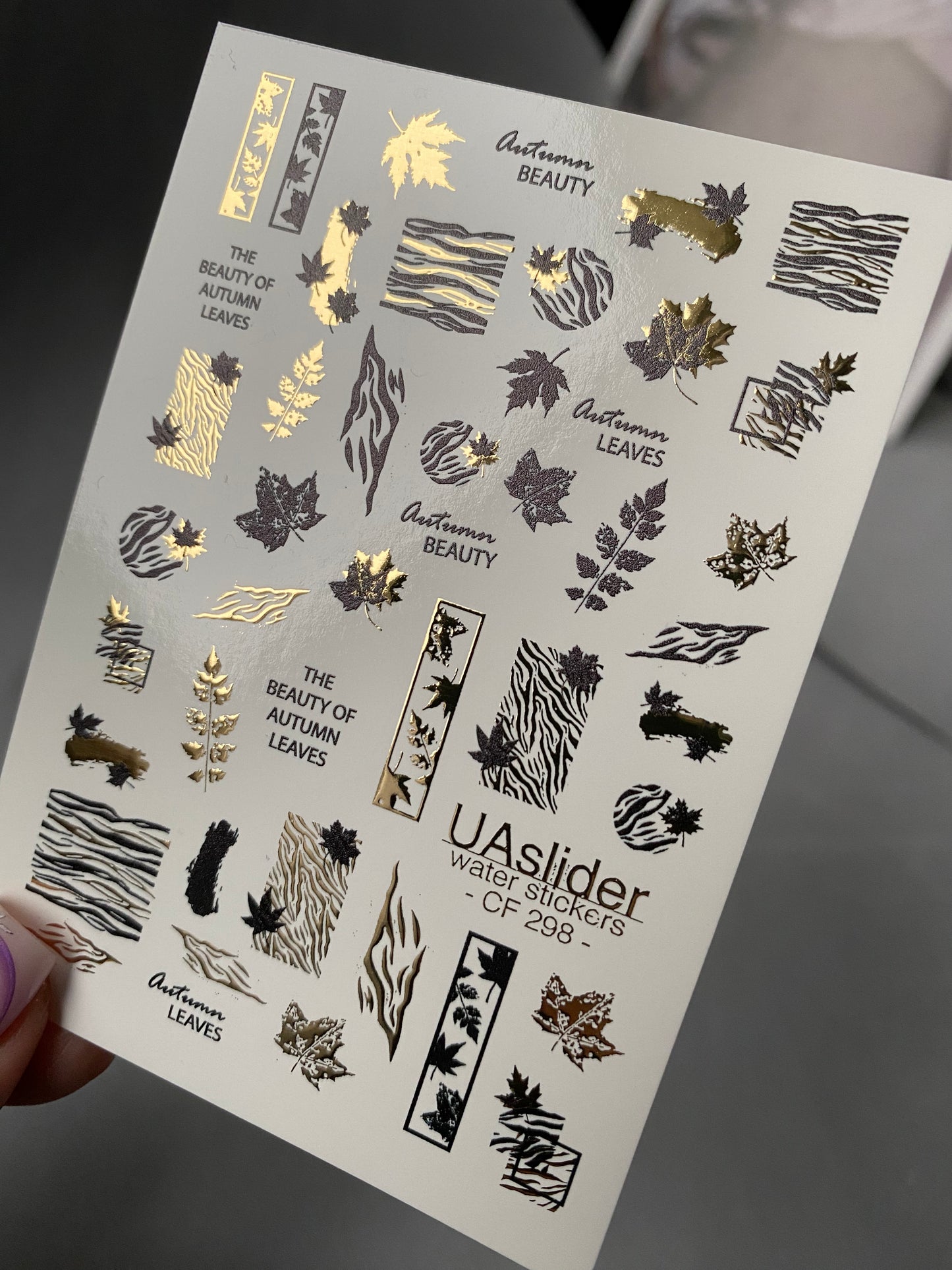 Nail Water Decal CF-298 | Autumn Water Slide Nail Decals | Leaves, Zebra Print & Gold Accents