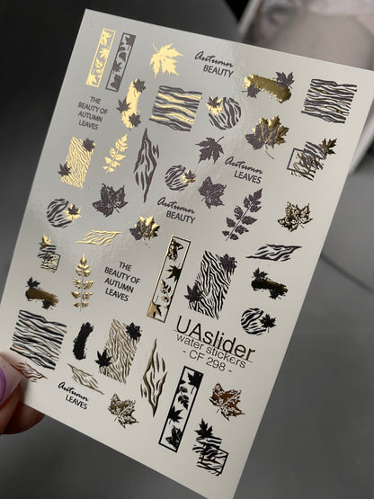 Nail Water Decal CF-298 | Autumn Water Slide Nail Decals | Leaves, Zebra Print & Gold Accents