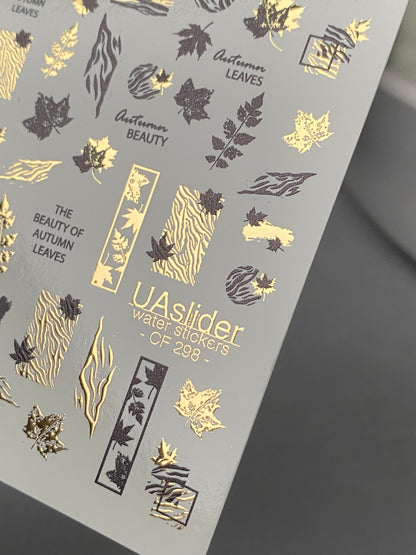 Nail Water Decal CF-298 | Autumn Water Slide Nail Decals | Leaves, Zebra Print & Gold Accents