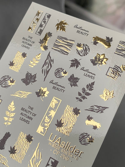 Nail Water Decal CF-298 | Autumn Water Slide Nail Decals | Leaves, Zebra Print & Gold Accents
