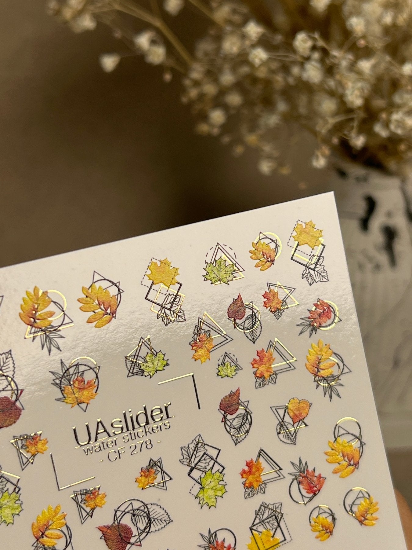 Nail Water Decal CF-278 | Autumn Water Slide Nail Decals | Fall Leaves with Geometric Frames & Gold Accents - UASLIDER