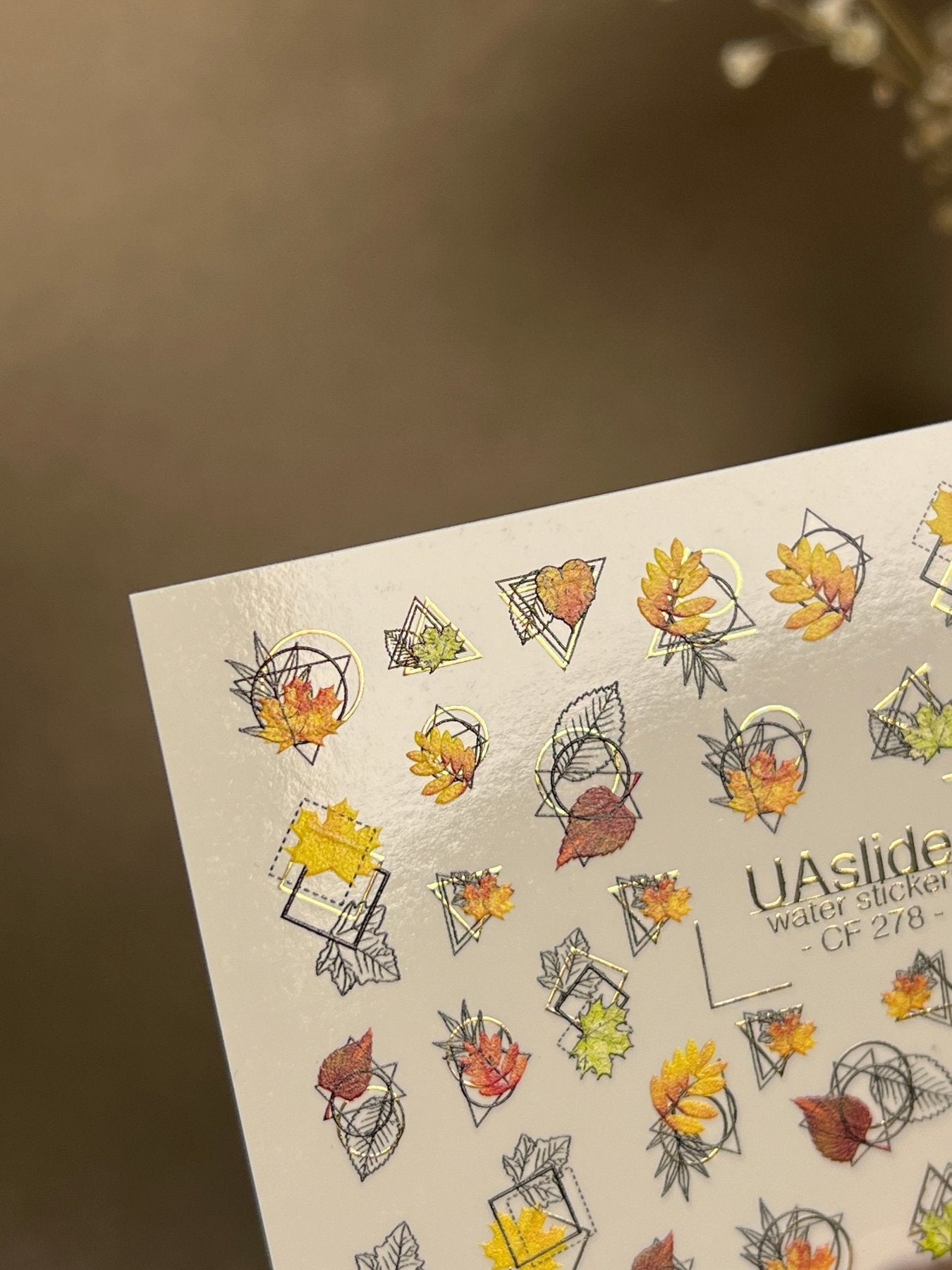 Nail Water Decal CF-278 | Autumn Water Slide Nail Decals | Fall Leaves with Geometric Frames & Gold Accents - UASLIDER