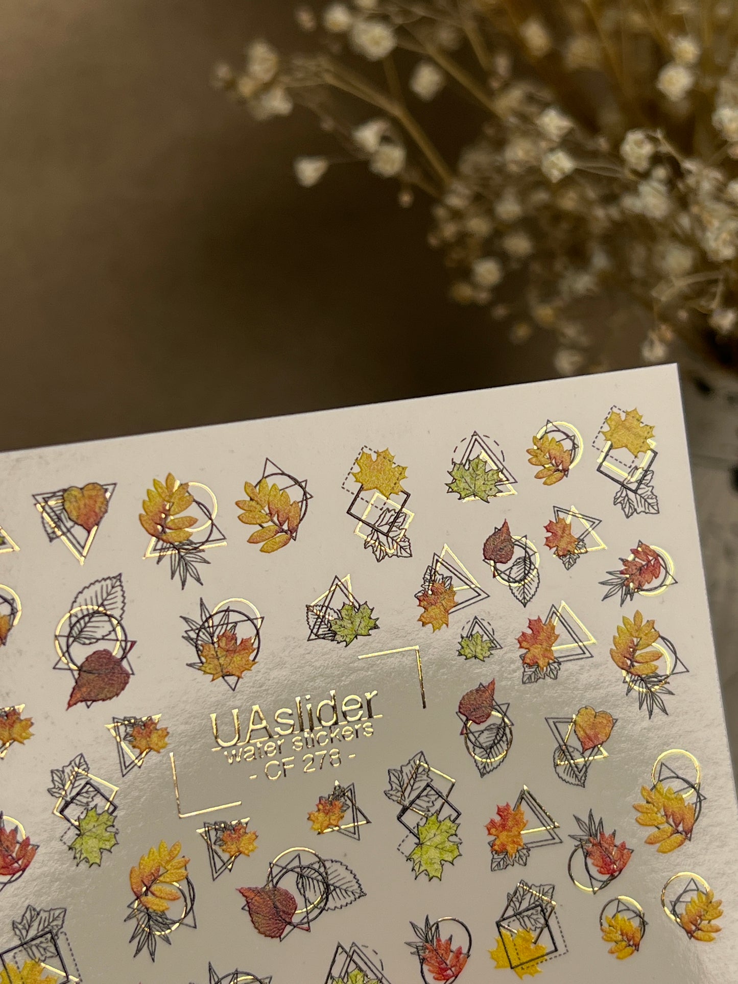 Nail Water Decal CF-278 | Autumn Water Slide Nail Decals | Fall Leaves with Geometric Frames & Gold Accents
