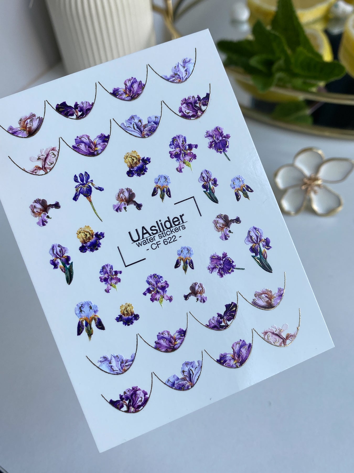 Nail Water Decal CF-622 | Floral French Water Slide Nail Decals | Purple Iris Flower Designs