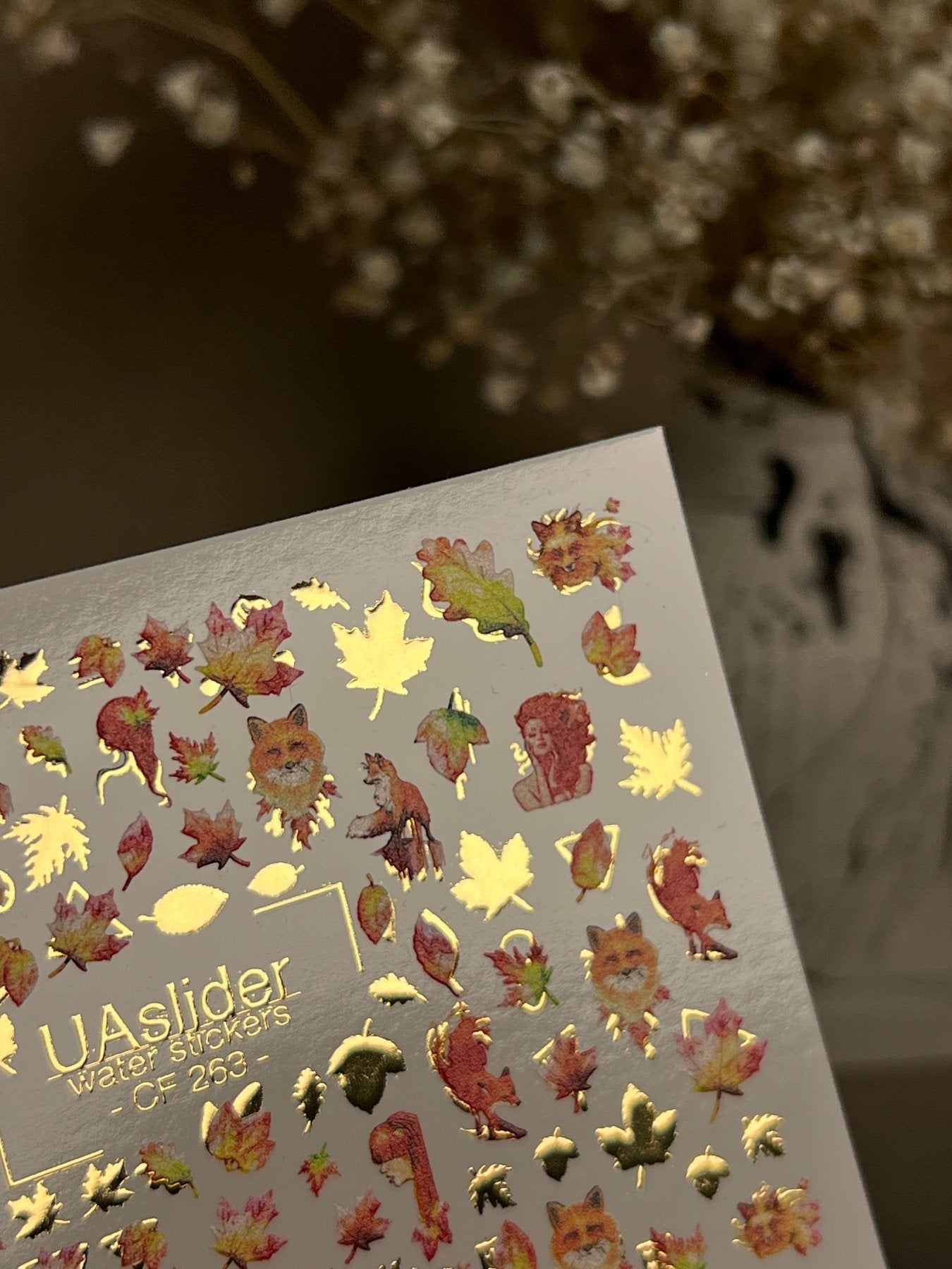 Nail Water Decal CF-263 | Autumn Water Slide Nail Decals | Foxes, Squirrels & Colorful Fall Leaves - UASLIDER