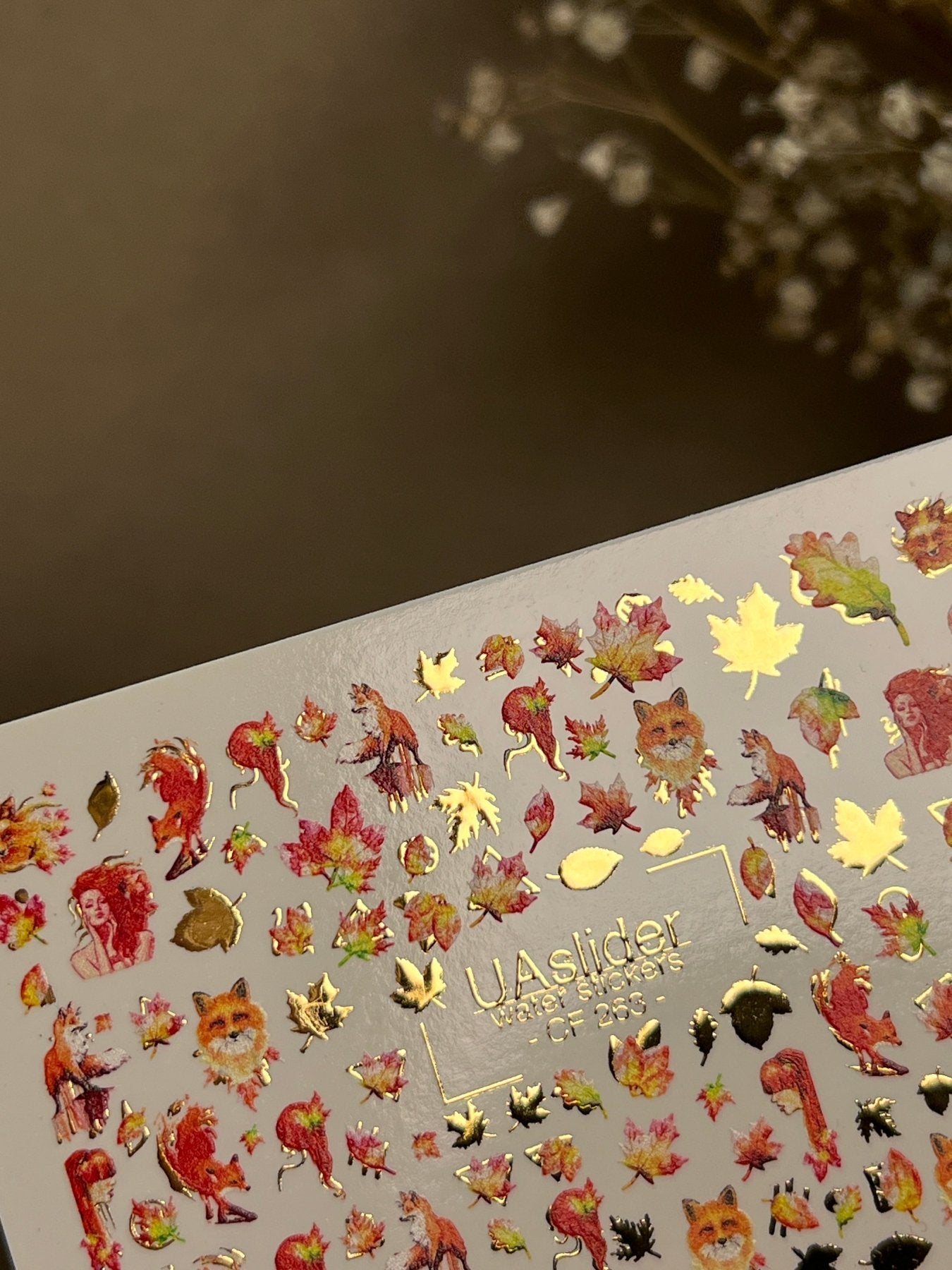 Nail Water Decal CF-263 | Autumn Water Slide Nail Decals | Foxes, Squirrels & Colorful Fall Leaves - UASLIDER