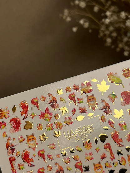 Nail Water Decal CF-263 | Autumn Water Slide Nail Decals | Foxes, Squirrels & Colorful Fall Leaves
