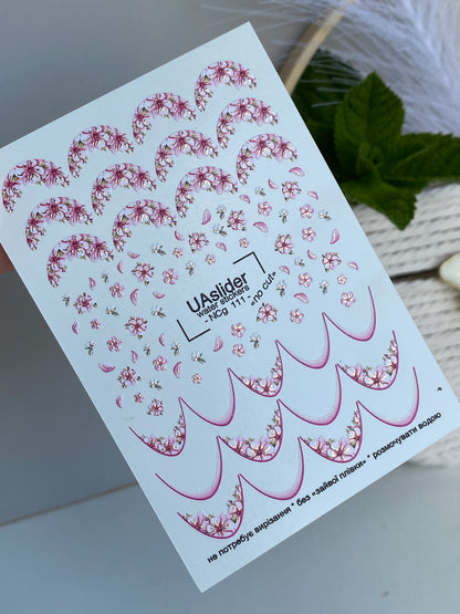 Nail Water Decal NCg-111 | Water Slide Nail Decals Sakura French | Nail Water Decals with Pink Flower Design