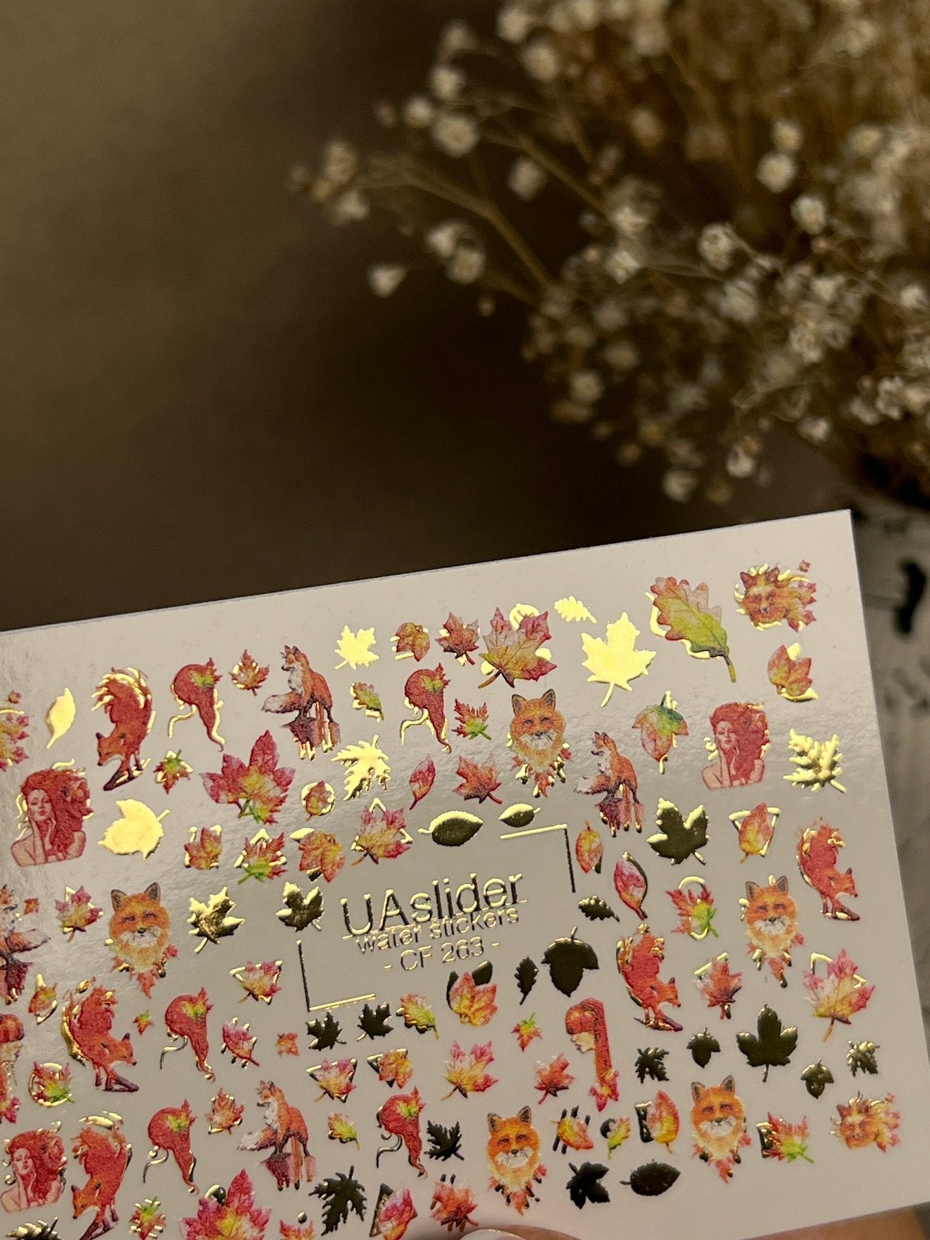 Nail Water Decal CF-263 | Autumn Water Slide Nail Decals | Foxes, Squirrels & Colorful Fall Leaves - UASLIDER