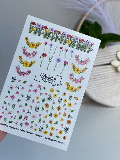 Adesivo per unghie ad acqua NCg-105 | Adesivi per unghie a scivolamento ad acqua Fiori selvatici | Adesivi per unghie ad acqua Fiori del prato e vegetazione