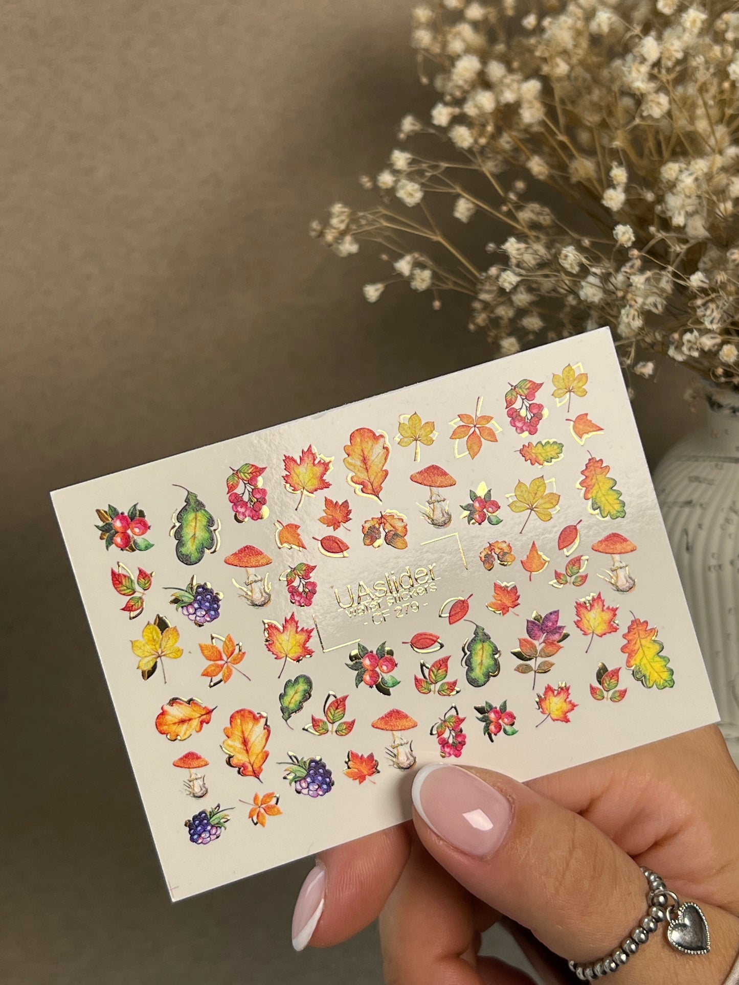 Nail Water Decal CF-279 | Autumn Water Slide Nail Decals | Fall Leaves, Mushrooms & Berries with Gold Accents