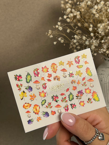 Nail Water Decal CF-279 | Autumn Water Slide Nail Decals | Fall Leaves, Mushrooms & Berries with Gold Accents