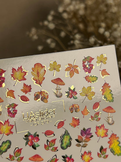 Nail Water Decal CF-279 | Autumn Water Slide Nail Decals | Fall Leaves, Mushrooms & Berries with Gold Accents