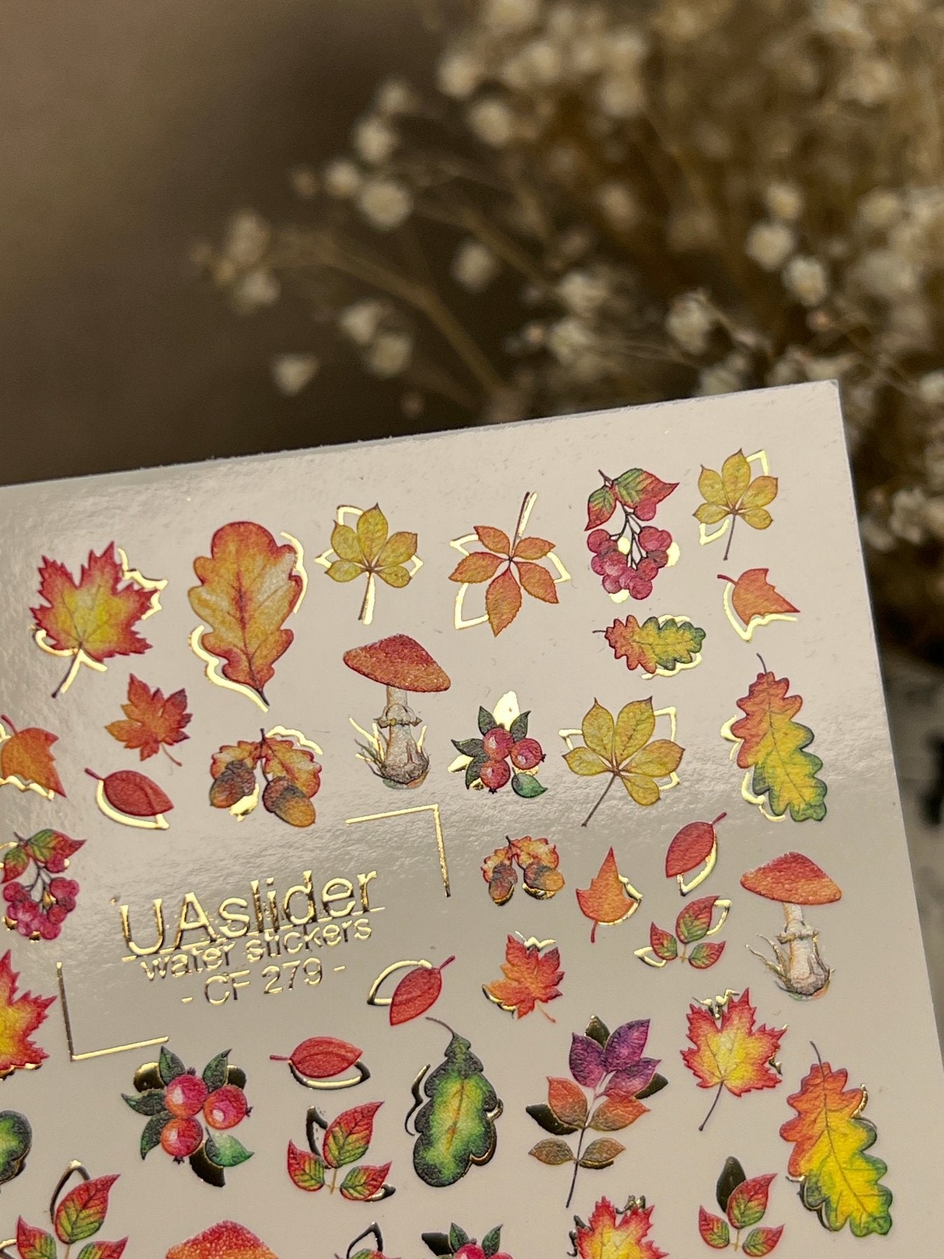 Nail Water Decal CF-279 | Autumn Water Slide Nail Decals | Fall Leaves, Mushrooms & Berries with Gold Accents - UASLIDER