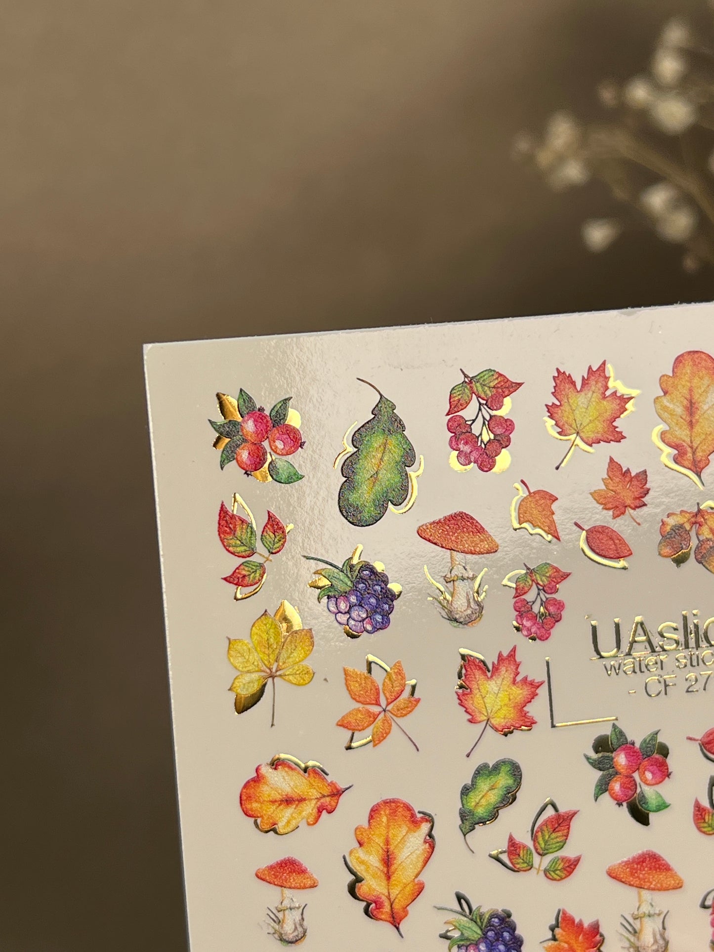 Nail Water Decal CF-279 | Autumn Water Slide Nail Decals | Fall Leaves, Mushrooms & Berries with Gold Accents