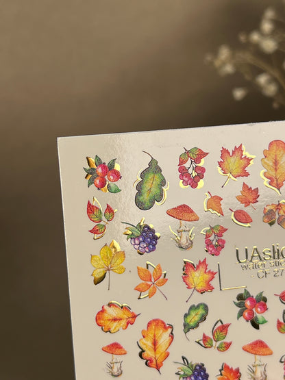 Nail Water Decal CF-279 | Autumn Water Slide Nail Decals | Fall Leaves, Mushrooms & Berries with Gold Accents
