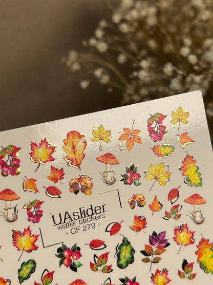 Nail Water Decal CF-279 | Autumn Water Slide Nail Decals | Fall Leaves, Mushrooms & Berries with Gold Accents