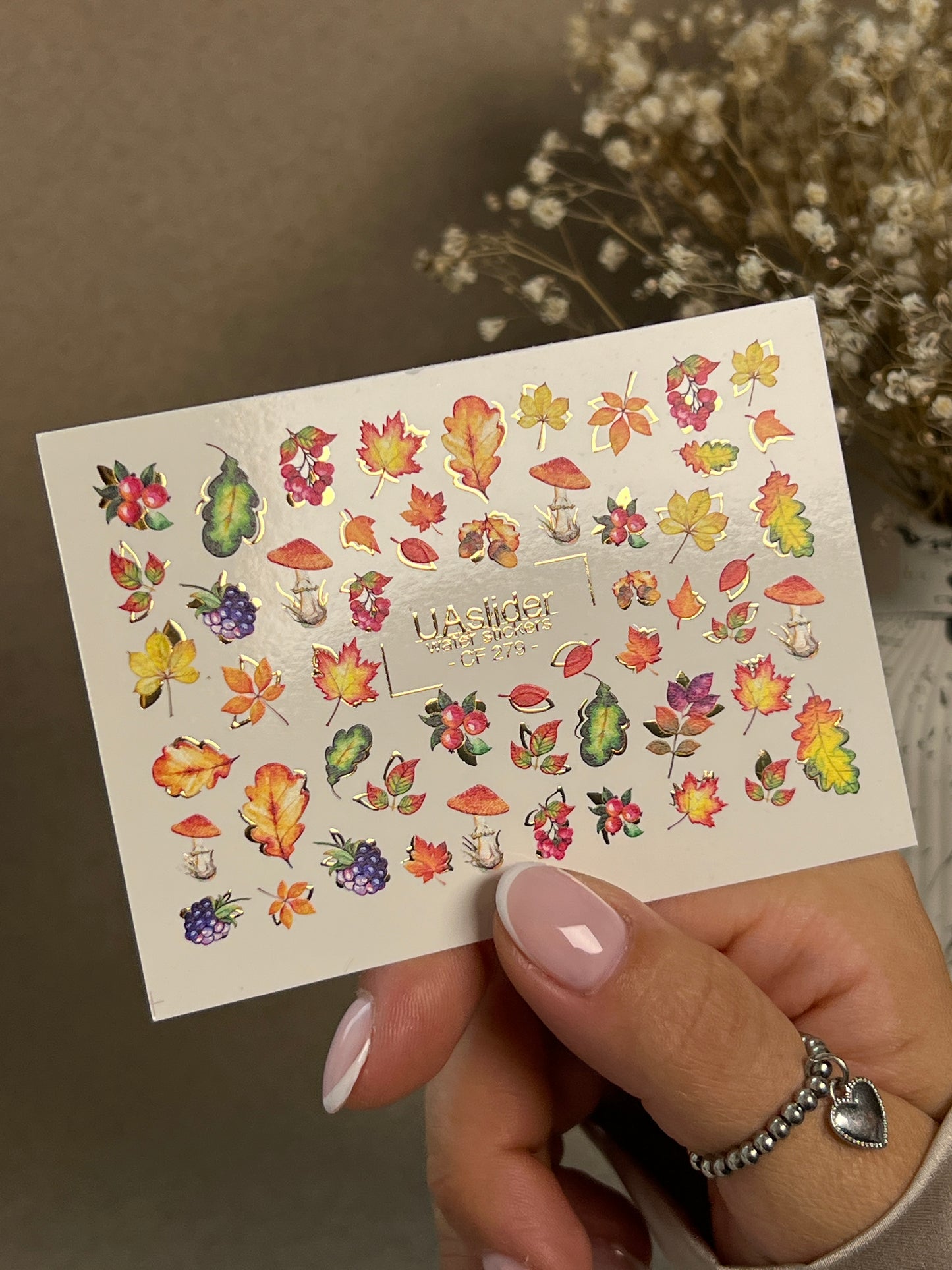 Nail Water Decal CF-279 | Autumn Water Slide Nail Decals | Fall Leaves, Mushrooms & Berries with Gold Accents