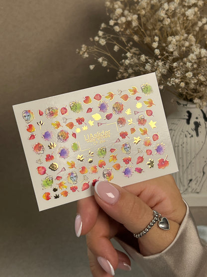 Nail Water Decal CF-264 | Autumn Water Slide Nail Decals | Abstract Faces, Leaves & Watercolor Accents