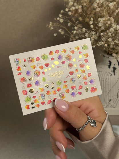 Nail Water Decal CF-264 | Autumn Water Slide Nail Decals | Abstract Faces, Leaves & Watercolor Accents