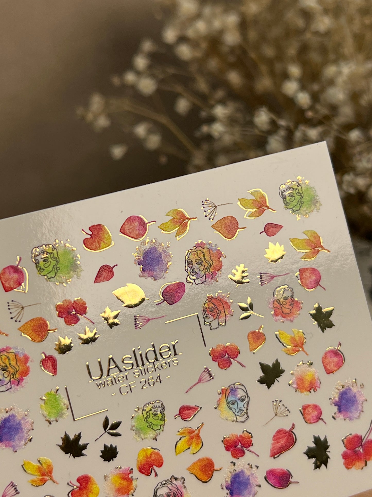 Nail Water Decal CF-264 | Autumn Water Slide Nail Decals | Abstract Faces, Leaves & Watercolor Accents