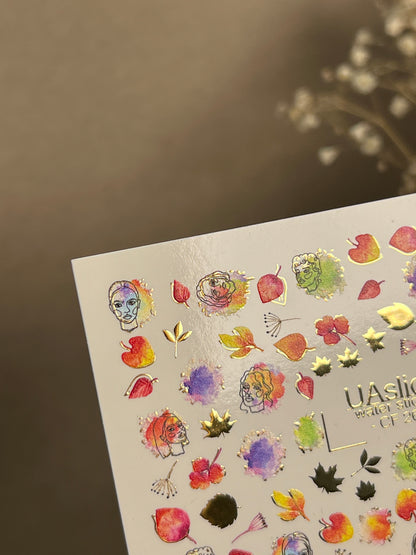 Nail Water Decal CF-264 | Autumn Water Slide Nail Decals | Abstract Faces, Leaves & Watercolor Accents