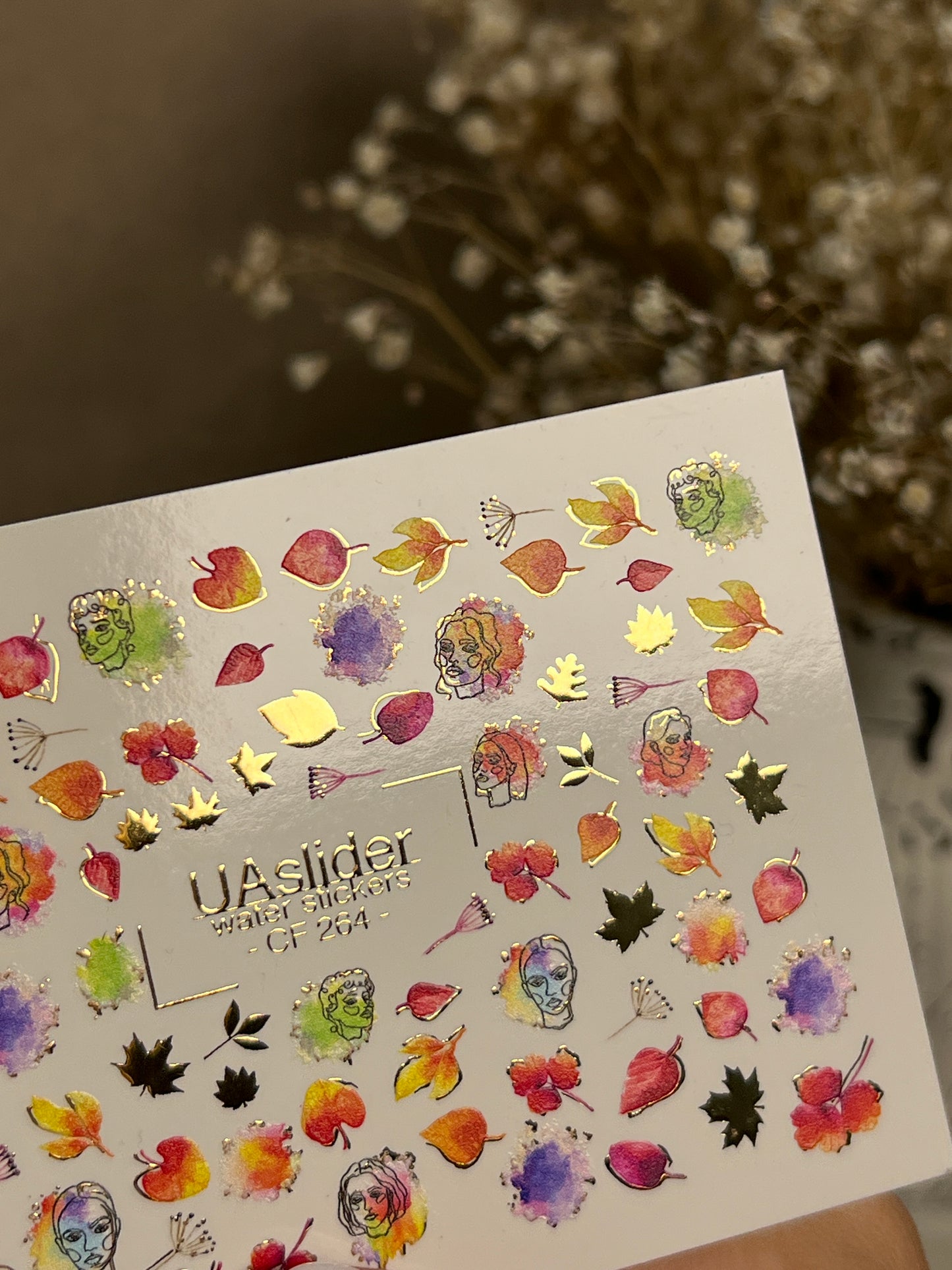 Nail Water Decal CF-264 | Autumn Water Slide Nail Decals | Abstract Faces, Leaves & Watercolor Accents