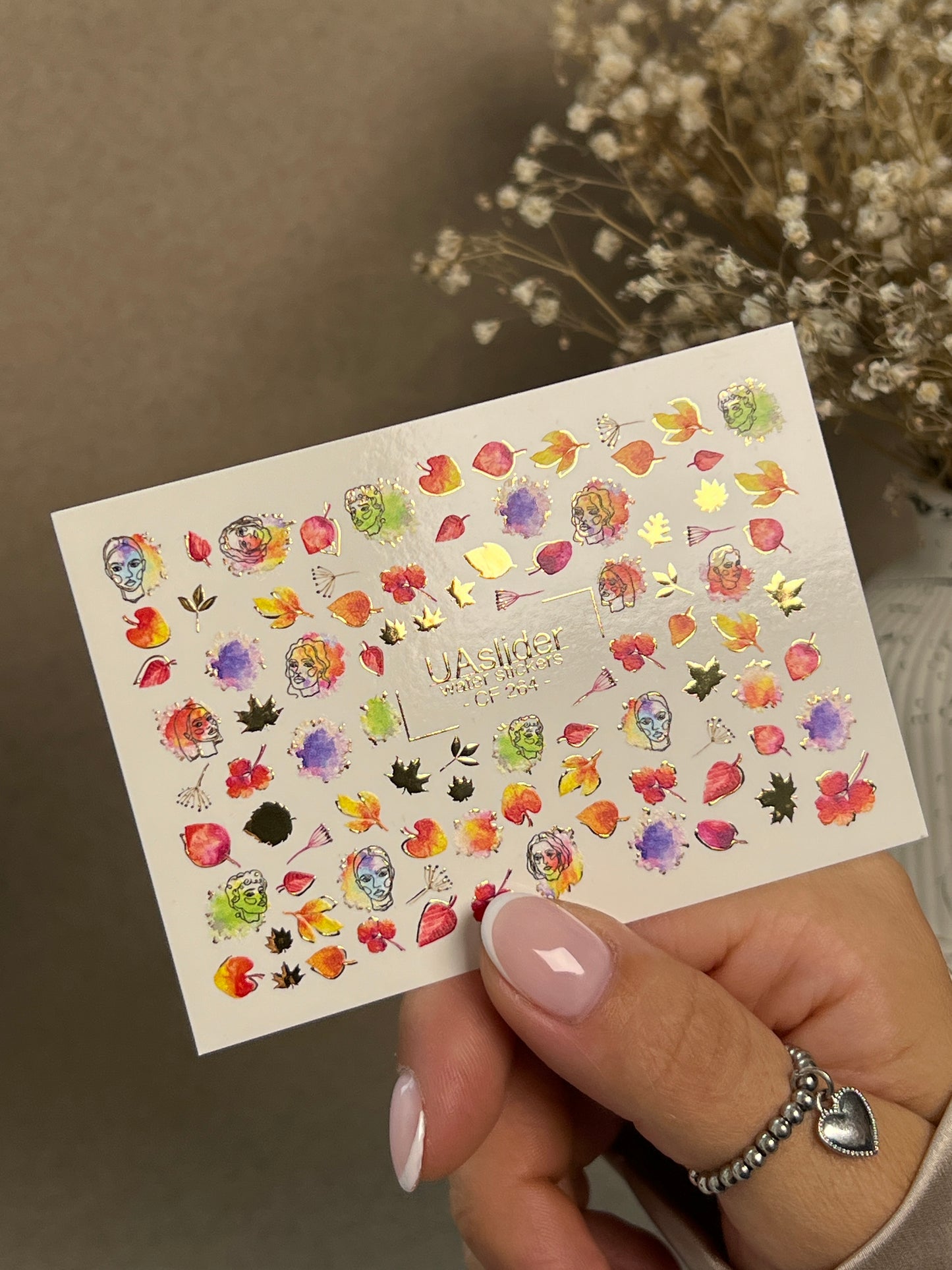 Nail Water Decal CF-264 | Autumn Water Slide Nail Decals | Abstract Faces, Leaves & Watercolor Accents