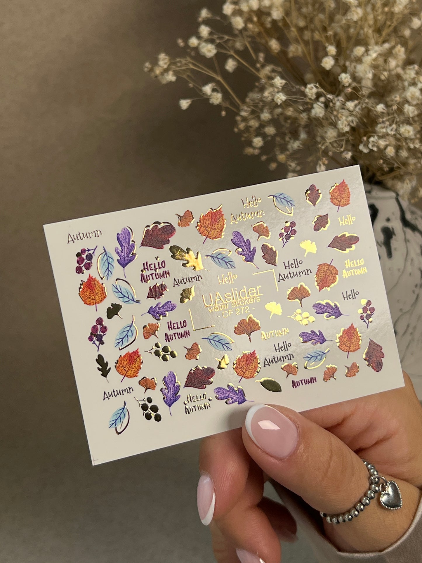 Nail Water Decal CF-272 | Autumn Water Slide Nail Decals | Colorful Fall Leaves & Hello Autumn Quotes