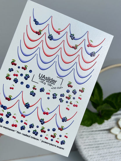 Nail Water Decal NCg-109 | Water Slide Nail Decals Red & Blue French | Nail Water Decals with Cherries and Blueberries