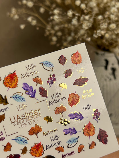 Nail Water Decal CF-272 | Autumn Water Slide Nail Decals | Colorful Fall Leaves & Hello Autumn Quotes