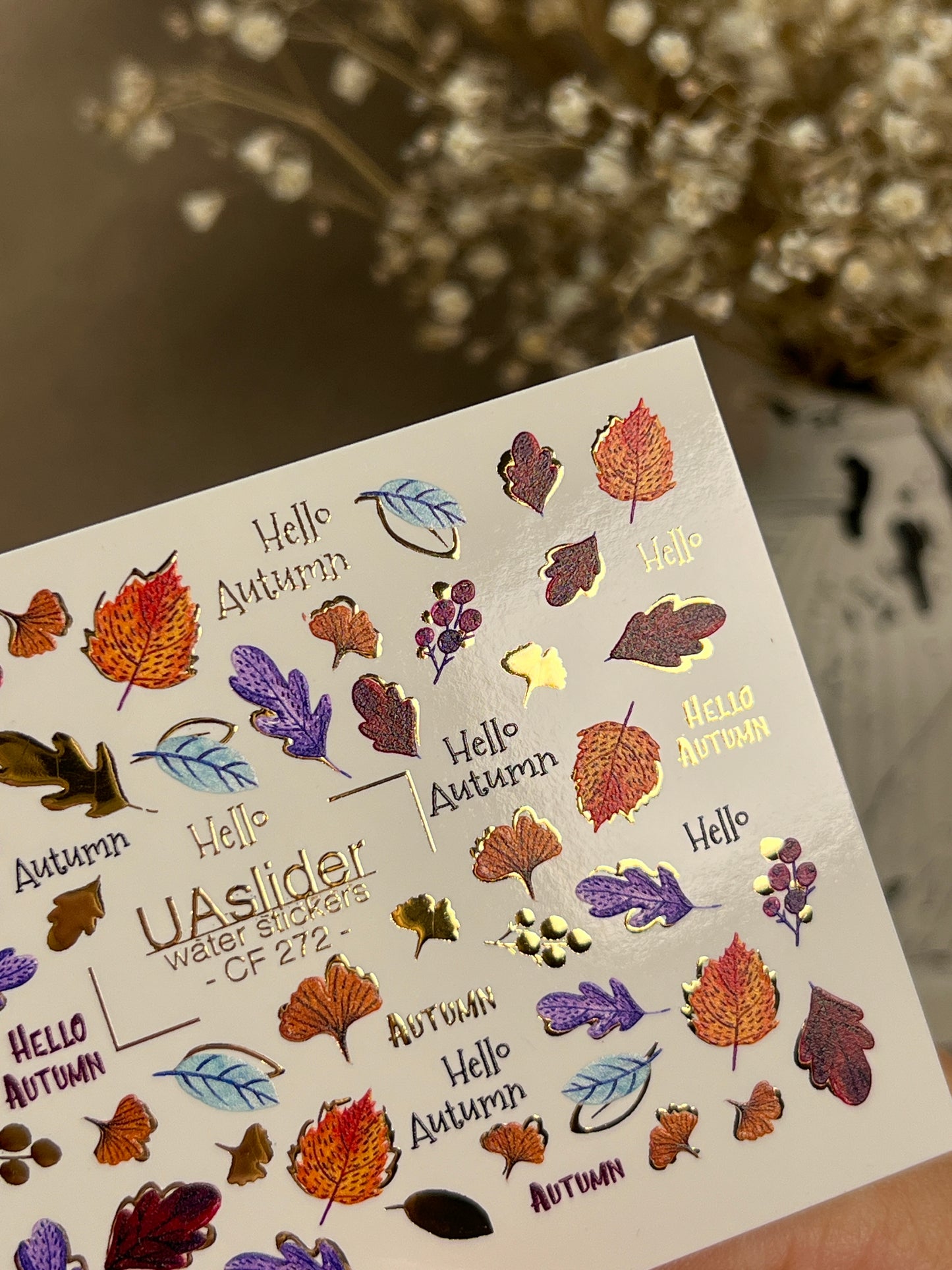 Nail Water Decal CF-272 | Autumn Water Slide Nail Decals | Colorful Fall Leaves & Hello Autumn Quotes