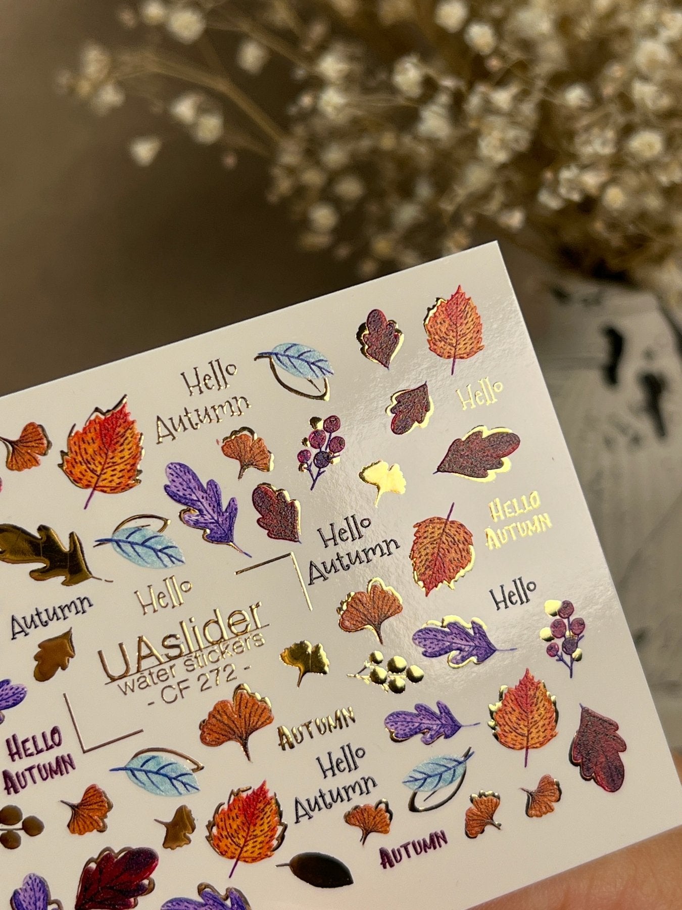 Nail Water Decal CF-272 | Autumn Water Slide Nail Decals | Colorful Fall Leaves & Hello Autumn Quotes - UASLIDER