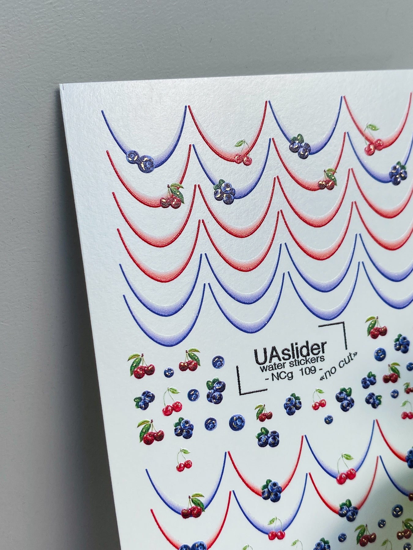 Nail Water Decal NCg-109 | Water Slide Nail Decals Red & Blue French | Nail Water Decals with Cherries and Blueberries - UASLIDER
