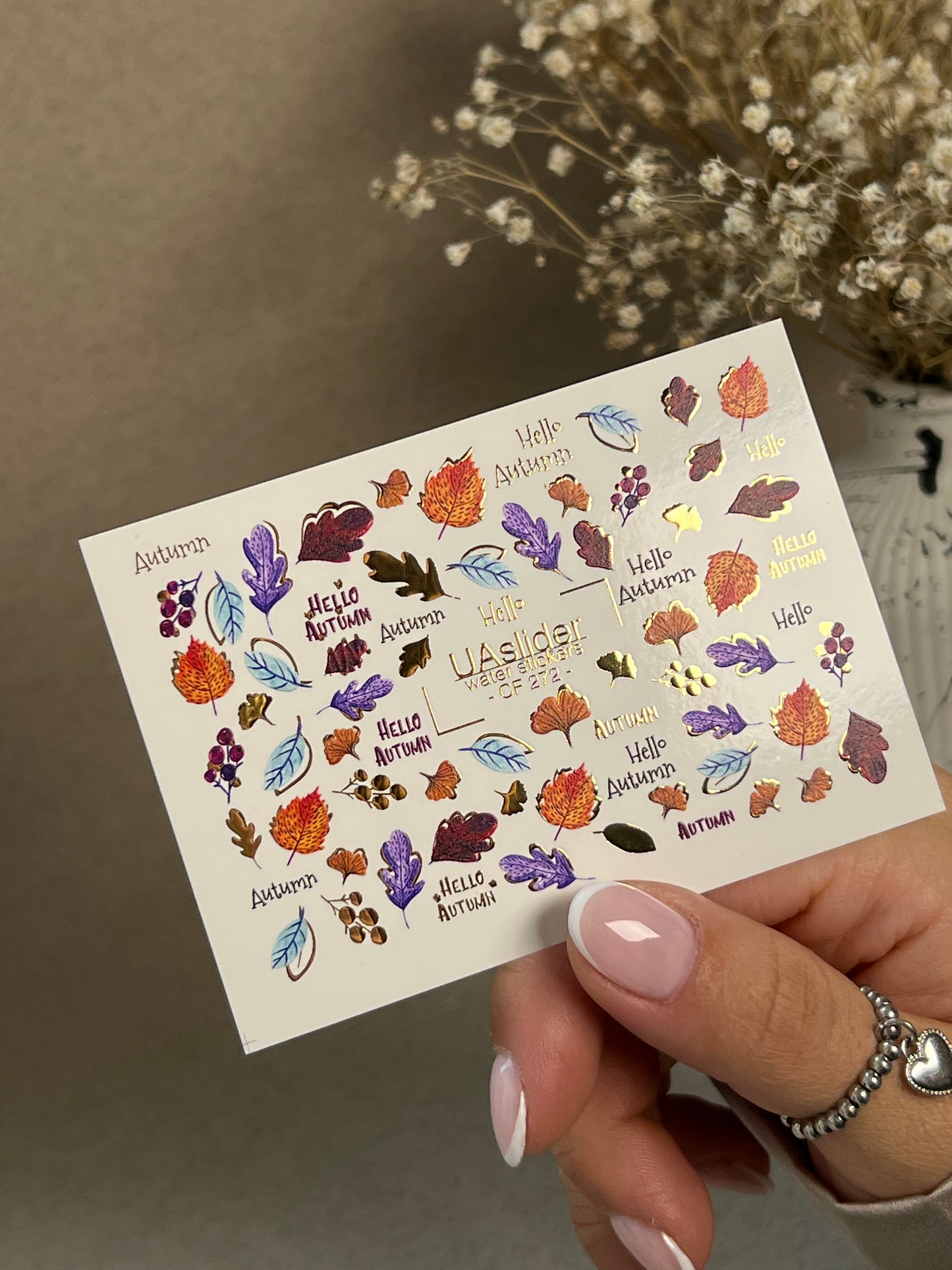 Nail Water Decal CF-272 | Autumn Water Slide Nail Decals | Colorful Fall Leaves & Hello Autumn Quotes