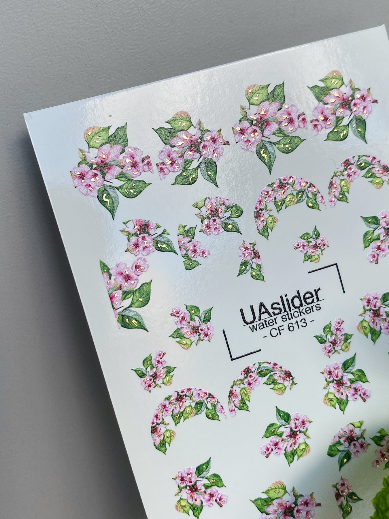 Nail Water Decal CF-613 | Floral Water Slide Nail Decals | Pink Blossoms & Green Leaves