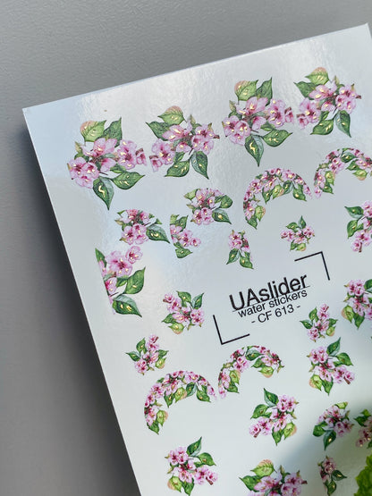 Nail Water Decal CF-613 | Floral Water Slide Nail Decals | Pink Blossoms & Green Leaves