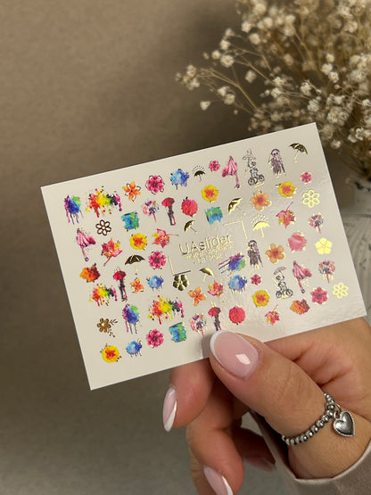 Nail Water Decal CF-252 | Watercolor Water Slide Nail Decals | Colorful Flowers & Rainy Day Art