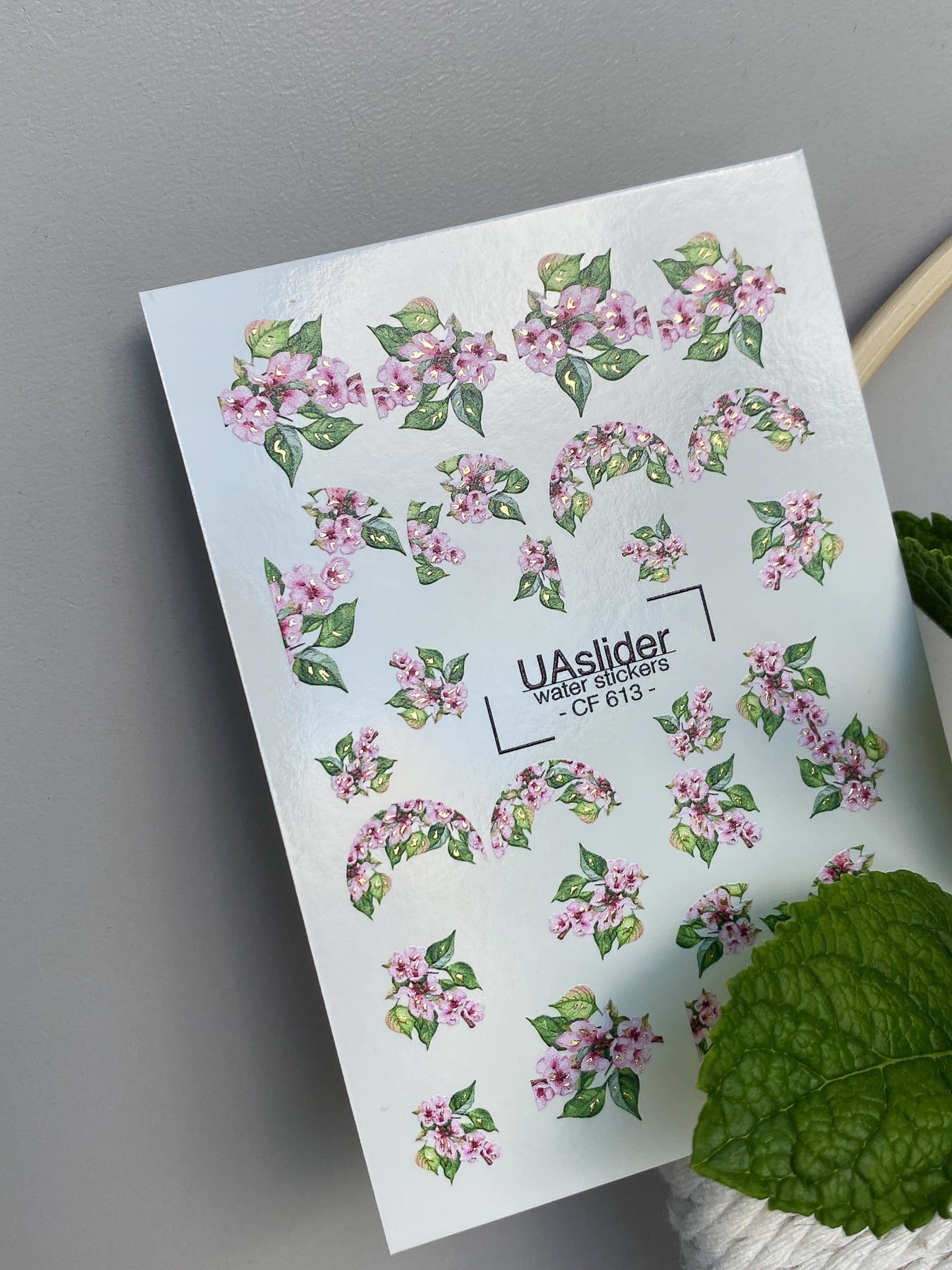 Nail Water Decal CF-613 | Floral Water Slide Nail Decals | Pink Blossoms & Green Leaves