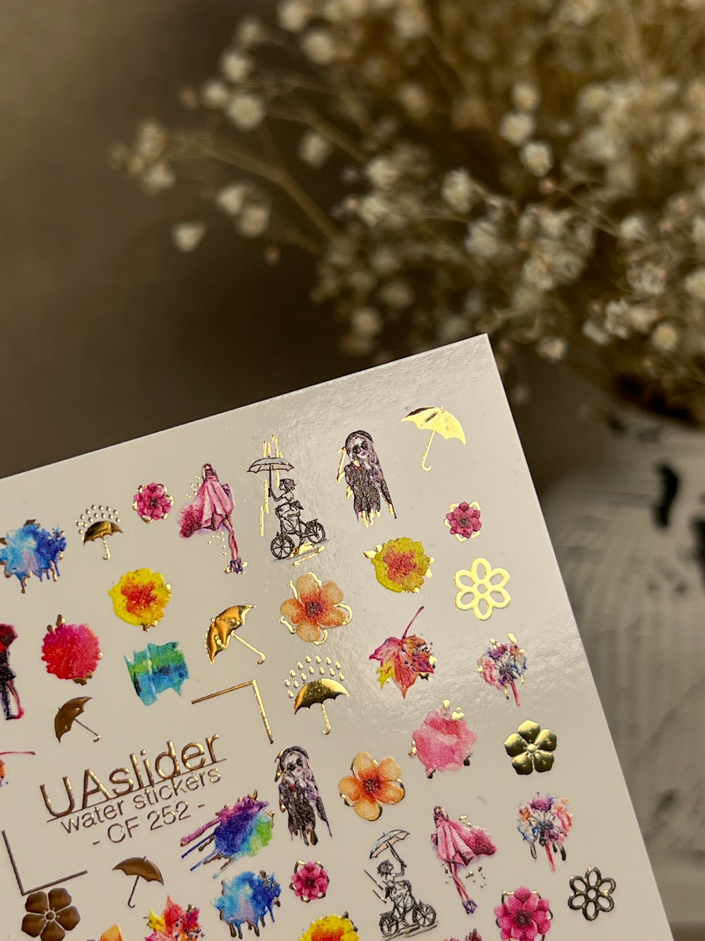 Nail Water Decal CF-252 | Watercolor Water Slide Nail Decals | Colorful Flowers & Rainy Day Art